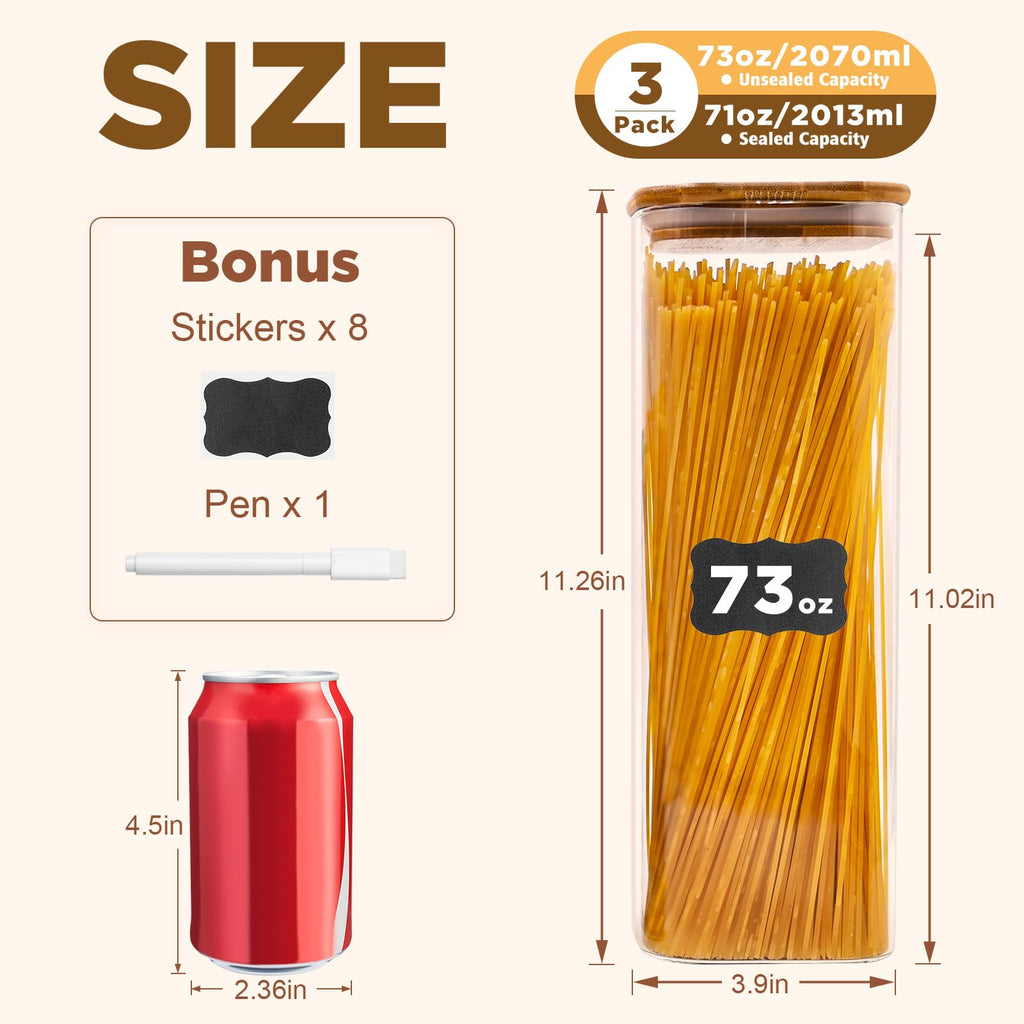 SHOWIN Glass Pasta Storage Jars Square 73oz, 3 Pack Glass Jars With Bamboo Lids, Tall Kitchen Storage Containers For Pasta, Storage For Pantry Organizers