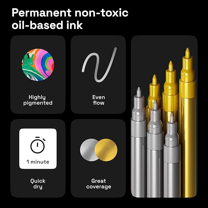 ARTISTRO 6 Gold & Silver Metallic Acrylic Paint Pens – 0.7mm Extra Fine Tip Paint Pens for Crafts, Rock Painting, Greeting Cards, Ornament Decor, DIY Art