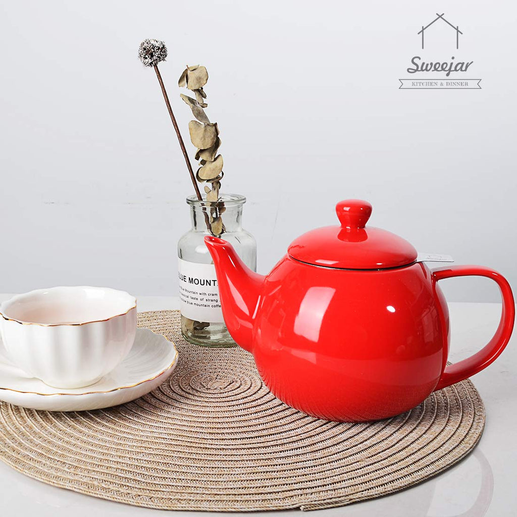 Sweejar Ceramic Tea Pots,30OZ Porcelain Teapot with Infuser(Red)