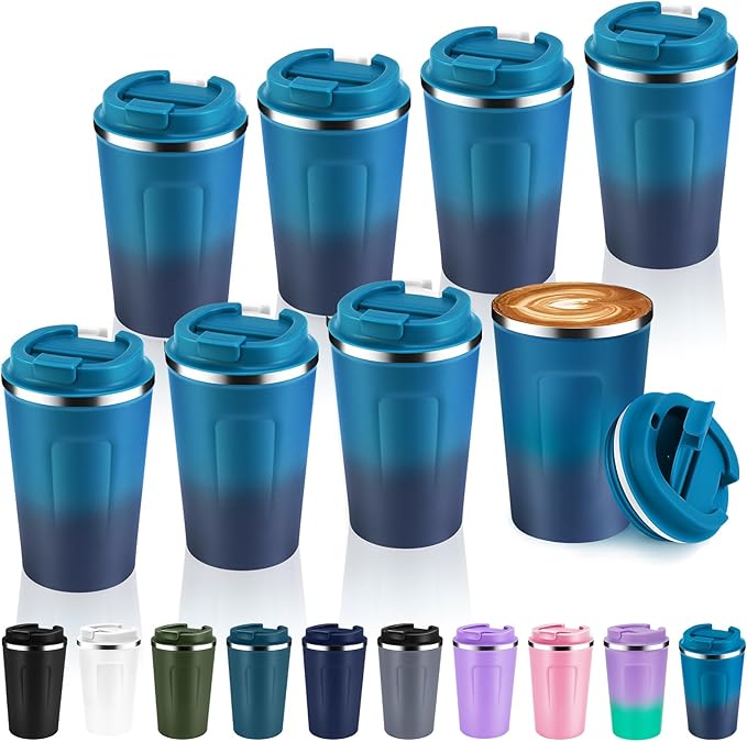Volhoply 12 oz Double Wall Insulated Vacuum Travel Coffee Mug with Flip Lid Bulk 4 Pack,Reusable Stainless Steel Leak Proof Coffee Cups,Portable Cafe Thermal Tumbler for Hot & Cold Drinks(White,4 Set)