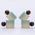 CLASGLAZ Ceramic Mini Espresso Cups Demitasse Cups with Round Wooden Handle Vertical Stripes Tea Cups (Beige&Green, 4pcs)