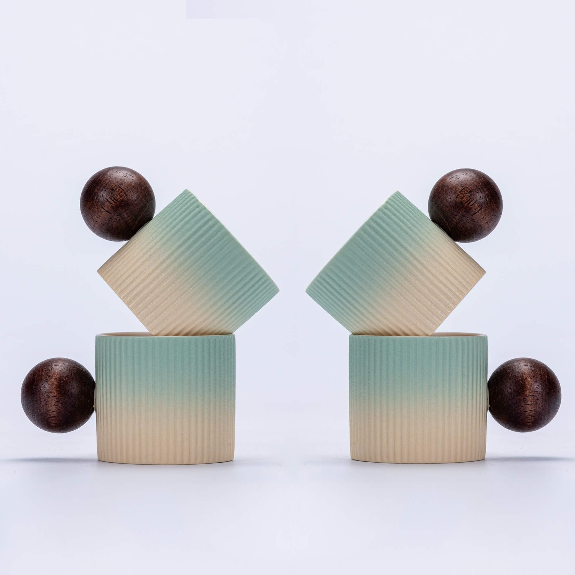 CLASGLAZ Ceramic Mini Espresso Cups Demitasse Cups with Round Wooden Handle Vertical Stripes Tea Cups (Beige&Green, 4pcs)