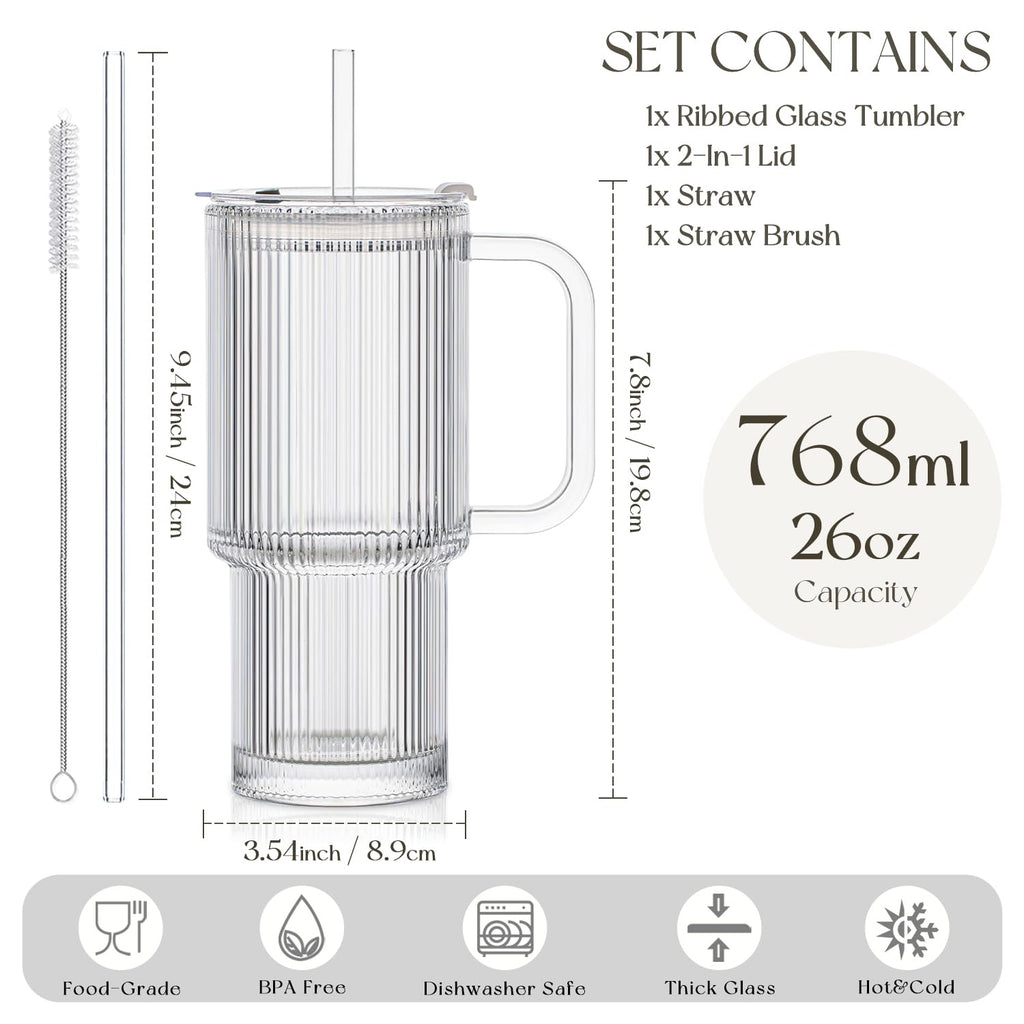 KEMORELA Large 26oz Clear Glass Mug with Handle and Sliding Lid – Aesthetic Ribbed Tumbler for Iced Coffee, Smoothies & Hot Drinks – Reusable Travel Cup with Straw, Dishwasher Safe (Ribbed Tumbler)