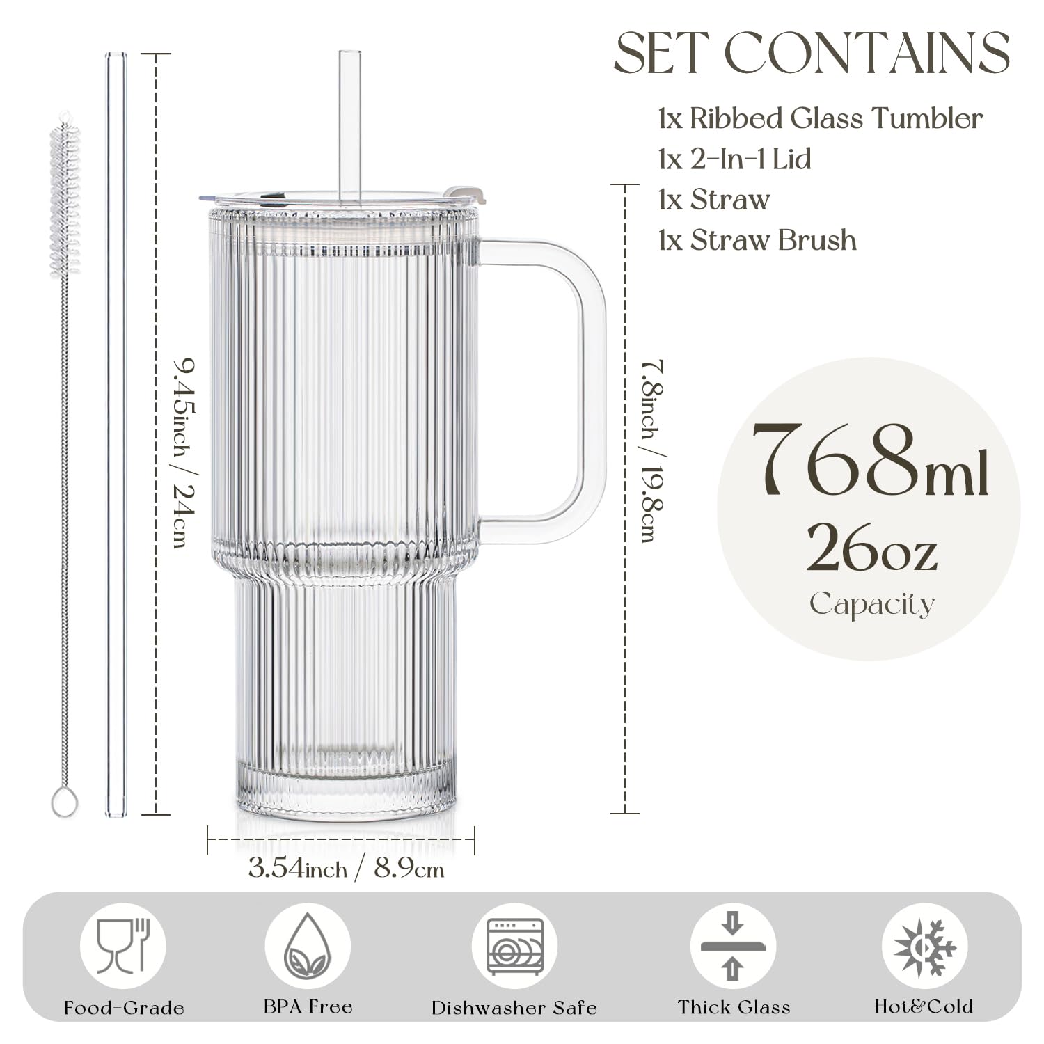 KEMORELA Large 26oz Clear Glass Mug with Handle and Sliding Lid – Aesthetic Ribbed Tumbler for Iced Coffee, Smoothies & Hot Drinks – Reusable Travel Cup with Straw, Dishwasher Safe (Ribbed Tumbler)