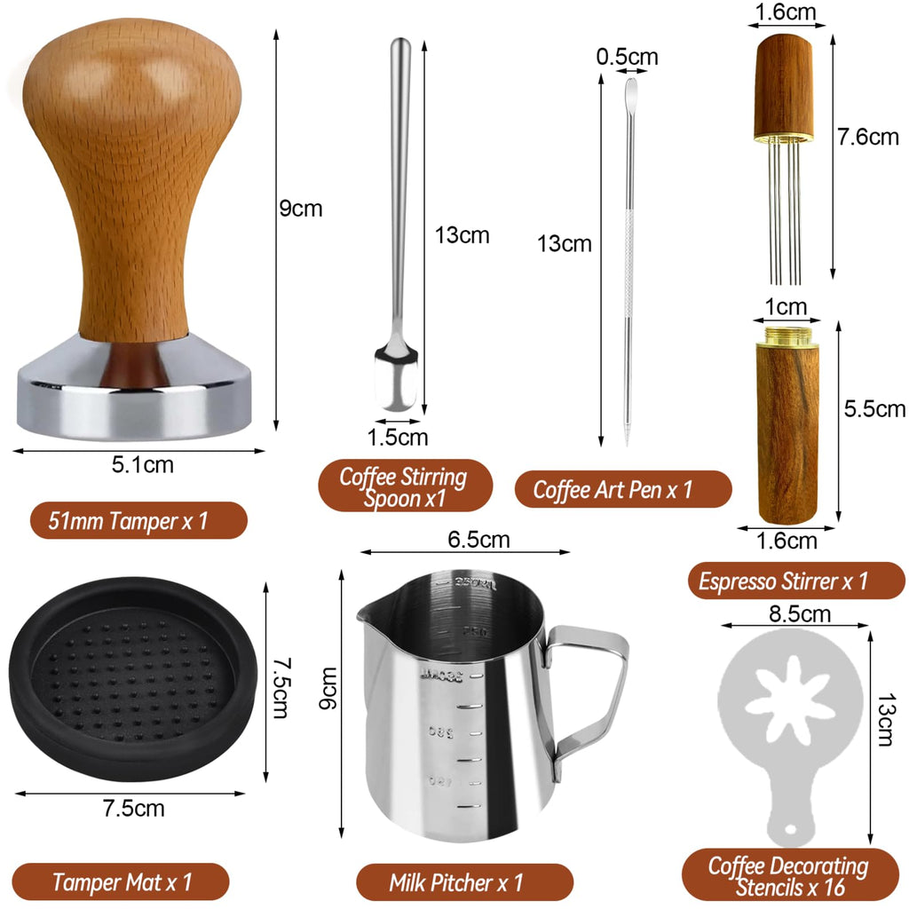 22 PCS Espresso Tamper Set, Espresso Accessories Barista Kit with 51mm Coffee Tamper, WDT Tool, Frothing Pitcher, Latte Art Pen, Coffee Stirrer, Tamper Mat, 16 Coffee Stencils for Espresso Machine