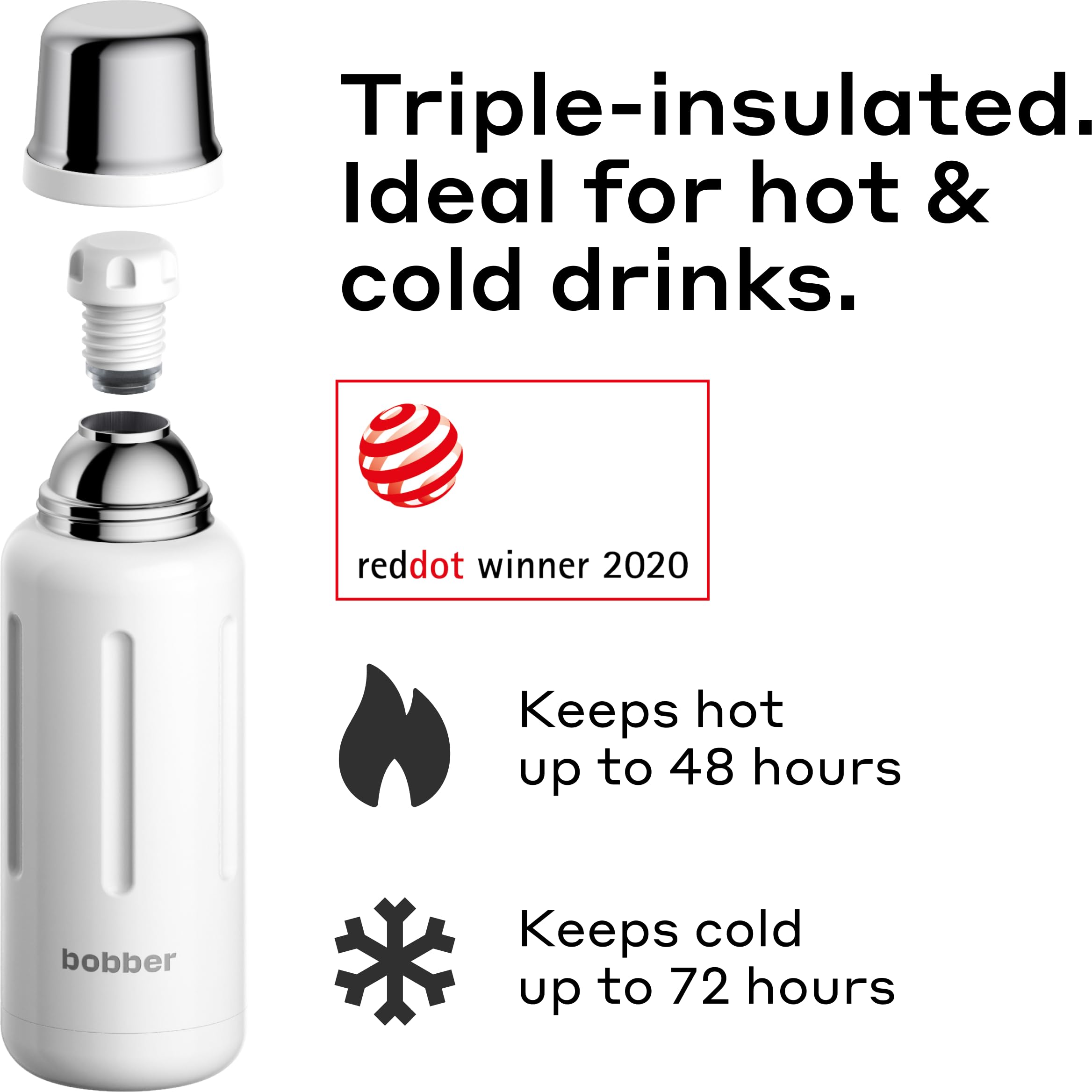 BOBBER 34 oz Stainless Steel Travel Thermo Bottle for Hot and Cold Drinks – Dishwasher Safe Metal Water Bottle with Cup Lid – Keeps Hot for 48 Hours – BPA-Free, Vacuum Insulated (White)