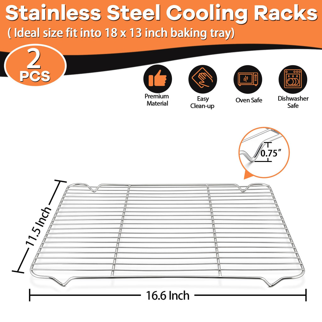P&P CHEF Cooling Baking Rack Stainless Steel, 16.6" x 11.5", 2 Pcs, Silver
