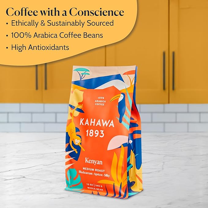 Kahawa 1893 Whole Bean Coffee Medium Roast Kenyan Blend 12 Oz - As Seen on Shark Tank, High Antioxidants, Naturally Sweet, Organically Grown, Ethically & Sustainably Sourced
