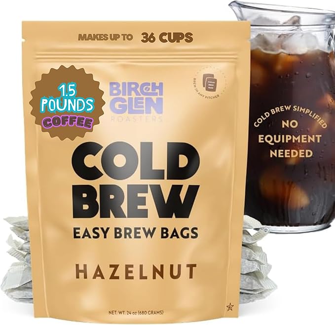 Birch Glen Roasters Cold Brew Coffee Bags - 12 Pack of Coarse Ground Coffee Filter Pitcher Packs for Easy Brewing - 100% Arabica - Yields 6 Pitchers - Hazelnut Flavor