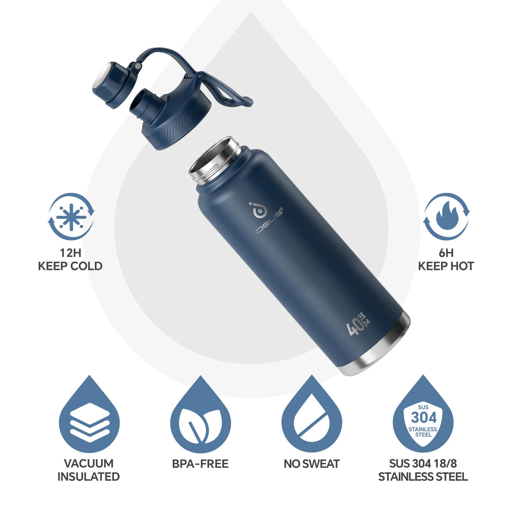 IDEUS Insulated Stainless Steel Water Bottle with 2 Leak-Proof Lids, Thermal Water Flask for Hiking Biking, 40oz, Navy Blue