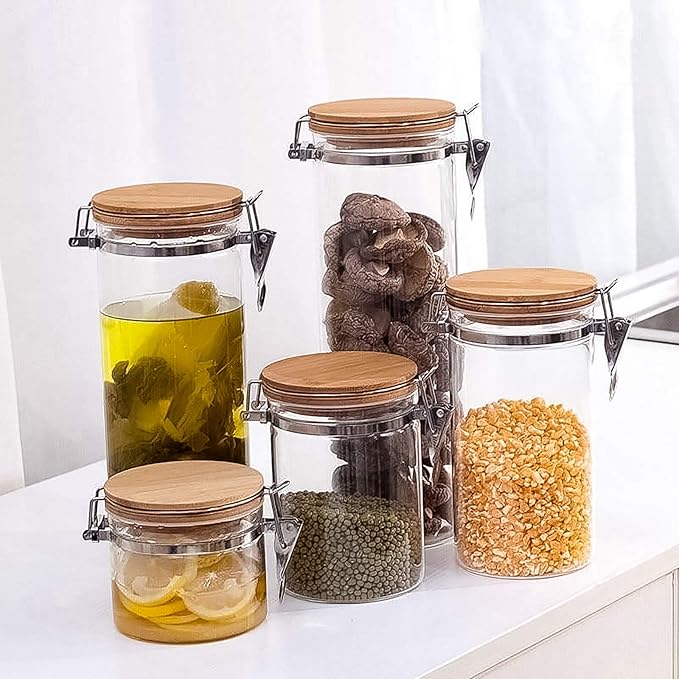 Set of 5 Borosilicate Glass Sugar Packet Holder Food Storage Jar Containers with Airtight Bamboo Clamp Lid, Airtight Canisters for Kitchen Bathroom and Pantry Organization, Cookie Jars for Flour