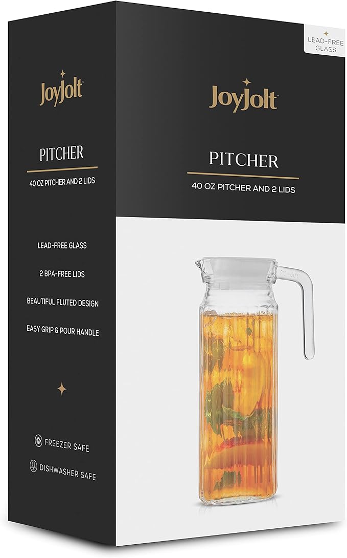 40oz Glass Pitcher with Lid (2 Lids) - Beverage Serveware, Storage Container and Carafe for Cold Drinks and Liquids. Glass Water Pitcher also for Juice, Bedside Carafe, Sun Tea Jar