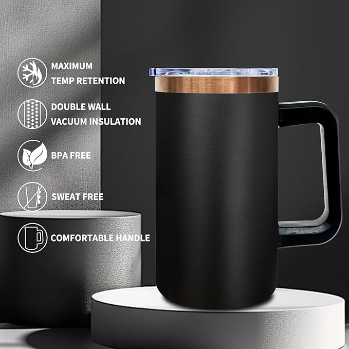 20 oz Insulated Coffee Mug with Lid, 4 Pack Stainless Steel Coffee Tumbler Bulk, Double Wall Vacuum Travel Mug with Handle, Leakproof Powder Coated Coffee Cups for Hot and Cold Drinks (Black,4 pack)