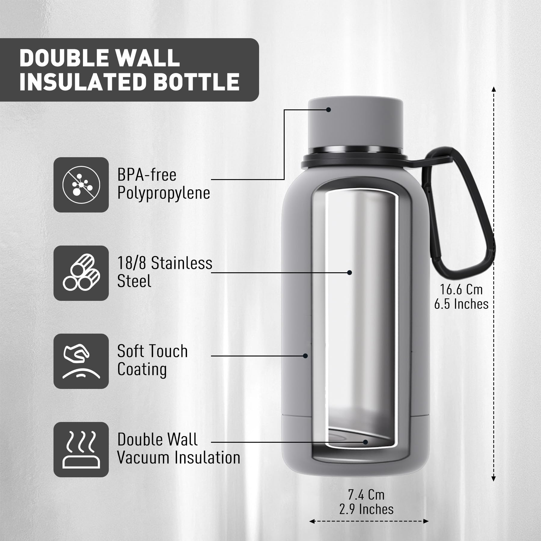 Exllena Small Water Bottle 12oz with Clip, Double Wall Stainless Steel Vacuum Small Insulated Water Bottle Keeps Drinks Cold 24 Hrs/Hot 12 Hrs for Kids Handbag School BPA Free (Grey)
