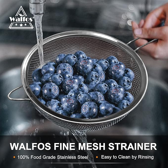 Walfos Fine Mesh Strainer Set of 3, Stainless Steel Wire Strainers for Kitchen, Multipurpose Metal Fine Sieve with Handle, Perfect for Food, Rice, Quinoa, 3", 5", 7"