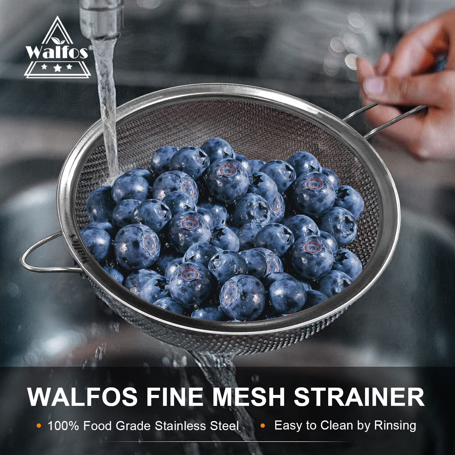 Walfos 9.35 Inch Large Fine Mesh Strainer, Stainless Steel 30 Mesh Sieve with Sturdy Handle, Kitchen Food Strainers Sifters for Rice, Quinoa, Pasta, Fruits, Vegetables, etc.