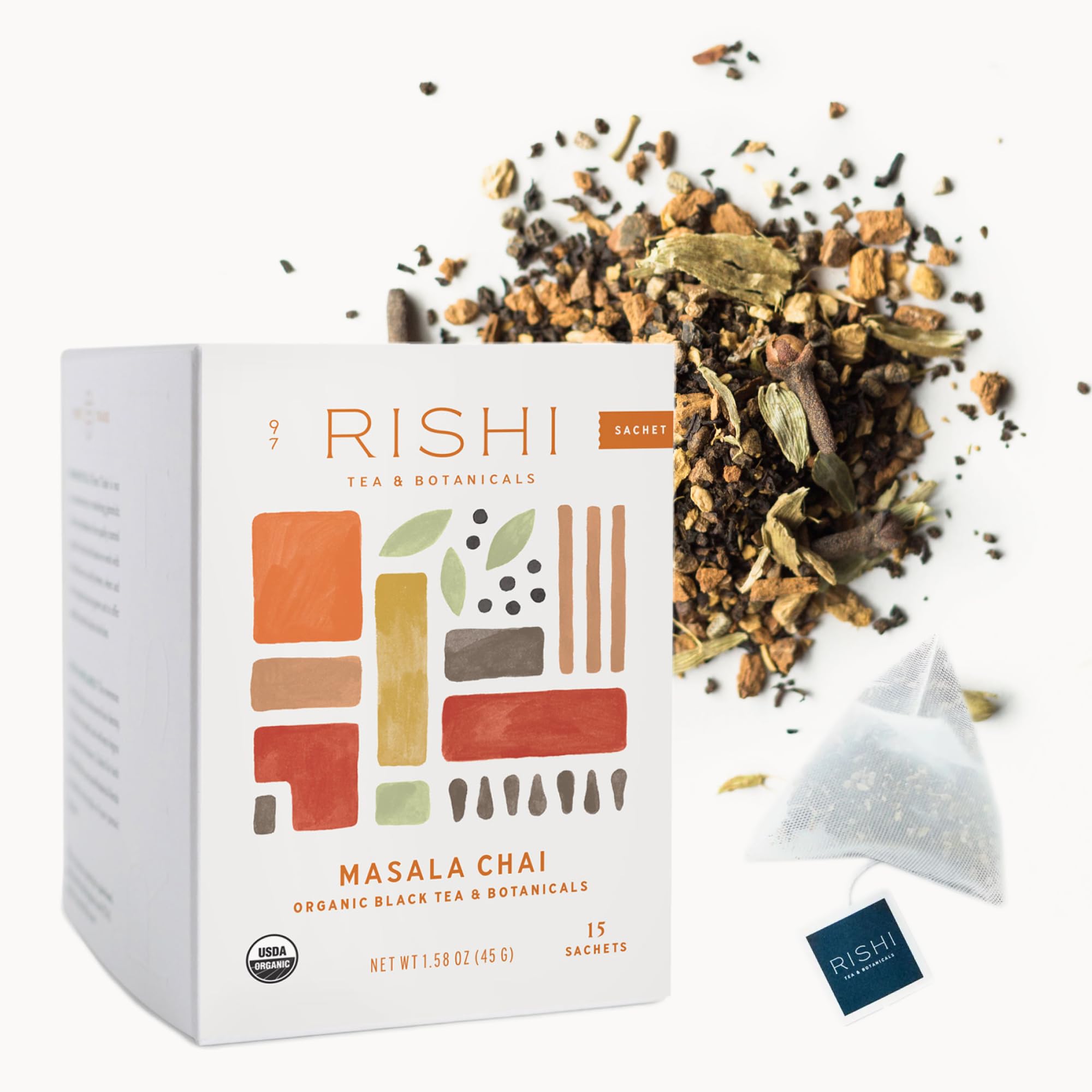 Rishi Tea Masala Chai Organic Black Sachet Tea Bags, Caffeinated, 15ct
