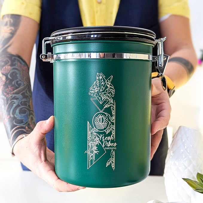 38oz / 22oz Coffee Canister – Airtight Stainless Steel Storage Container with Date Tracker & Scoop, Sealed Jar for Grounds, Beans, Tea, Flour, Cereal, and Sugar (Green Vibes, 38OZ)