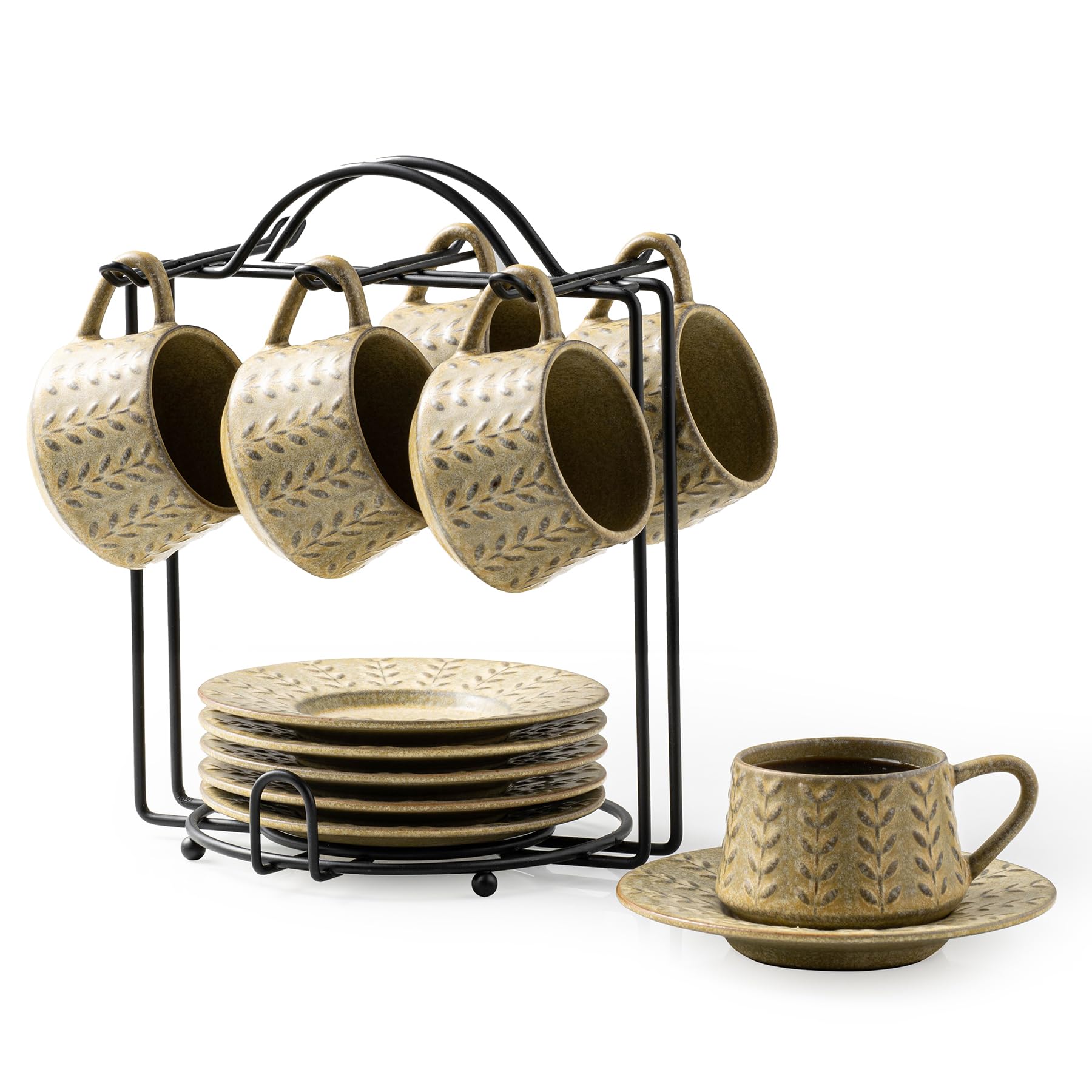 KOKUNKA Espresso Cups Set with Saucer and Metal Stand, Porcelain Small Demitasse Cups Cappuccino Cups for Espresso, Latte, Cafe Mocha, Cappuccino, and Tea, 4 oz, Set of 6, Yellow