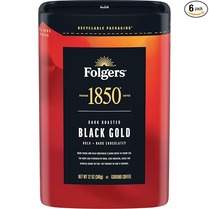 Folgers 1850 Black Gold Dark Roast Ground Coffee, 12 Ounce (Pack of 6)