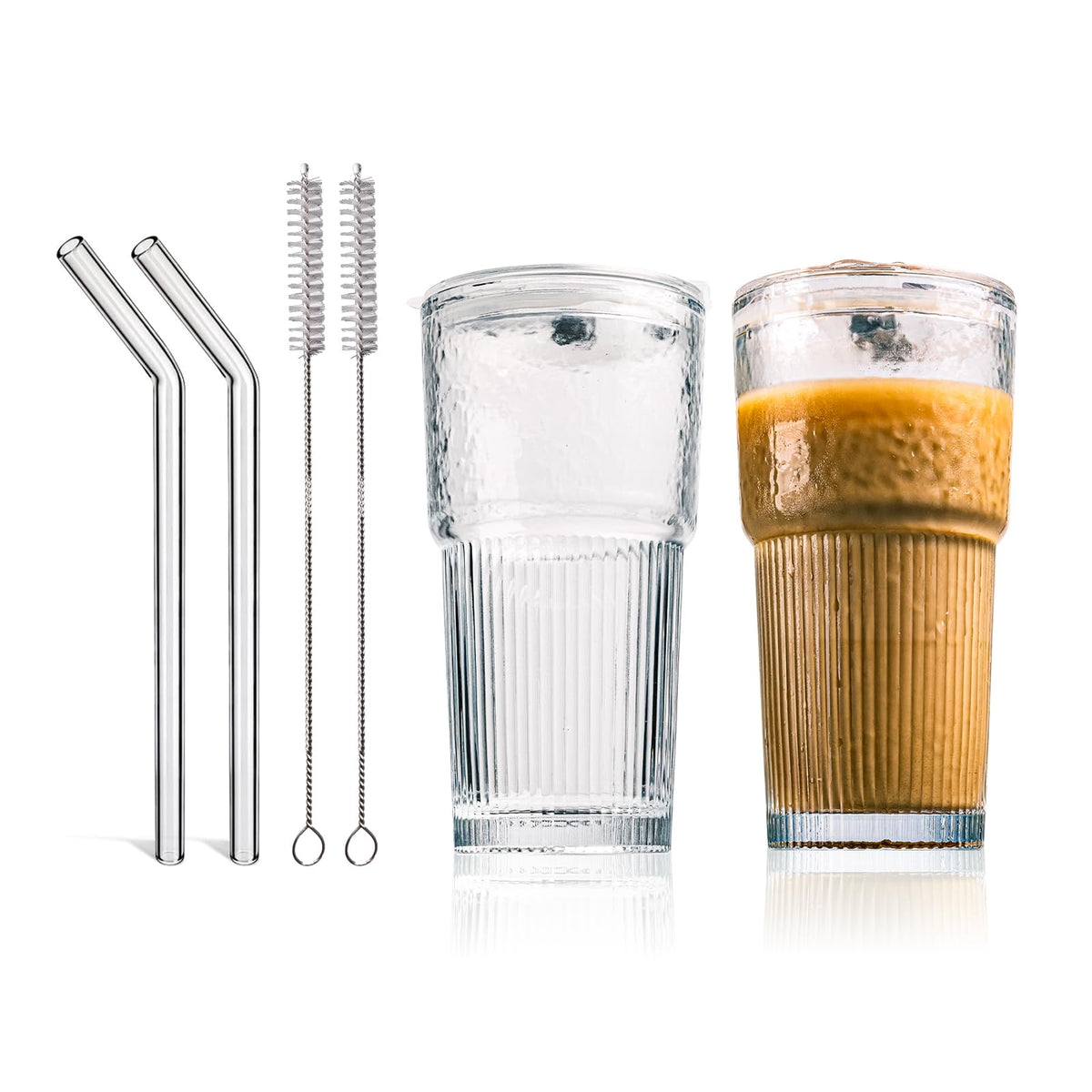 20oz Glass Tumblers with Lids and Straws - Stylish Vintage Ribbed Design for Iced Coffee, Juice, Smoothies, Milkshakes, Cold Beverages & Whiskey Cocktail Beer - Includes Cleaning Brush (2pack-Frosted)
