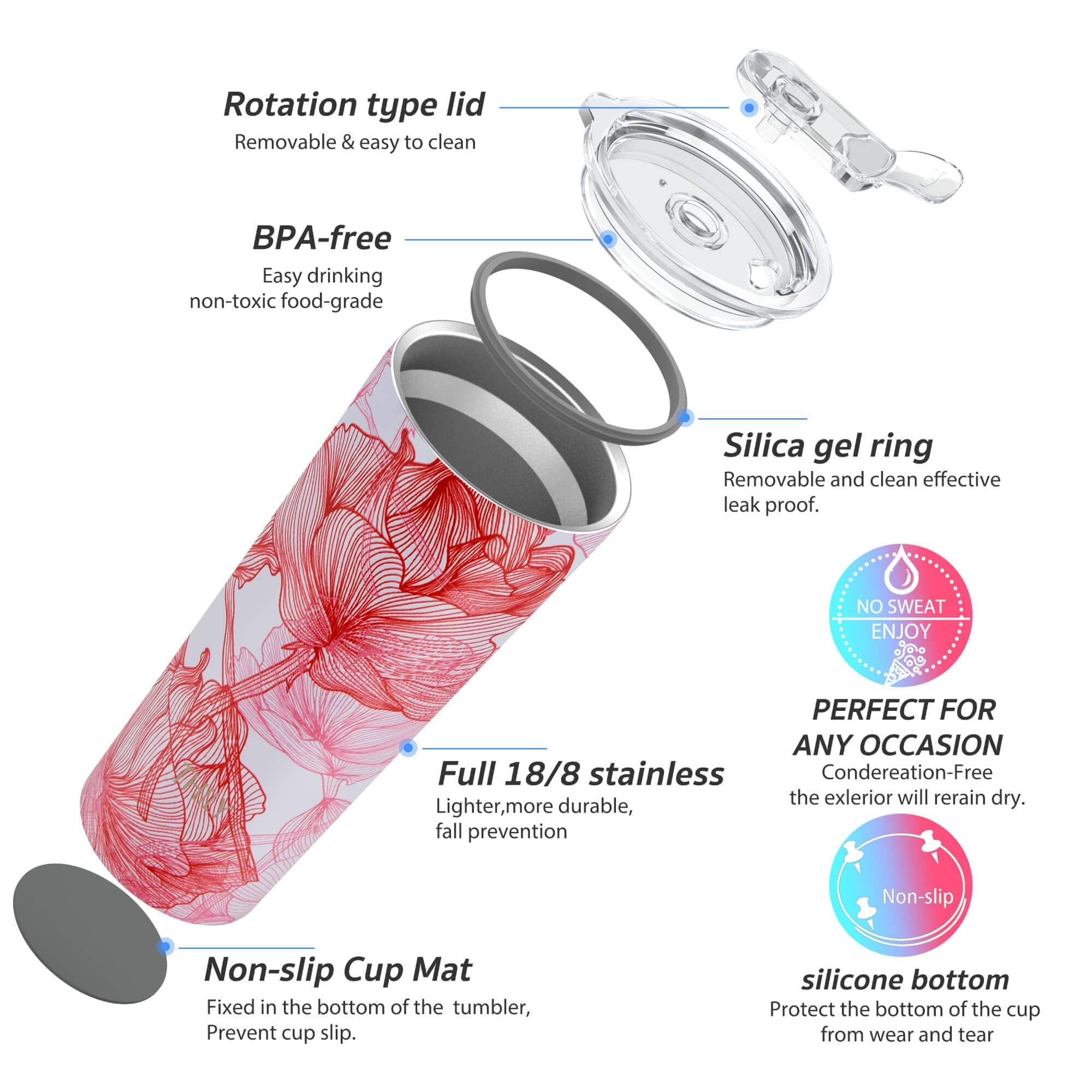 THILY Tumbler Stainless Steel Coffee Cup 26 oz Triple-Insulated Travel Mug with Splash-Proof Lid, Reusable, BPA Free, for Iced Water and Hot Beverage Smoothies Cup, Red Lotus
