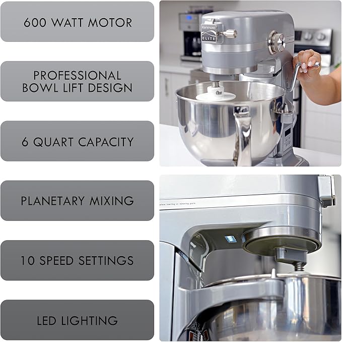 Kenmore Elite Heavy-Duty 6 Qt Bowl-Lift Stand Mixer, 600 Watts, with Flat Beater, Wire Whisk, Dough Hook, Stainless Steel Bowls, LED Light, Digital Countdown Timer, Metallic Grey