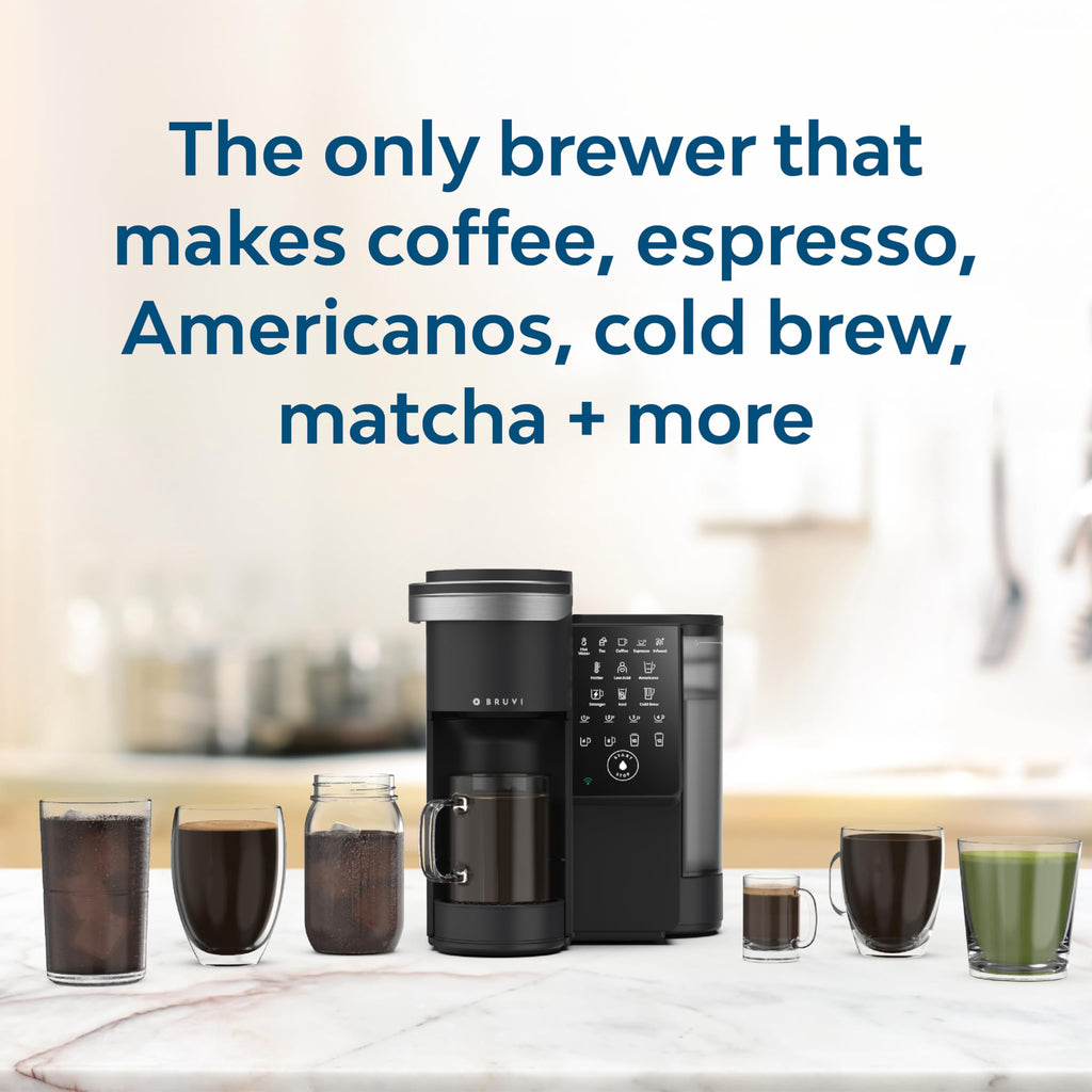 BRUVI Single-Serve Coffee Maker Bundle | Brews Coffee, Espresso, Cold Brew, Matcha Green Tea & More | Includes Brewer + 20 Variety Pods | Touchscreen, WiFi, 70 oz Tank | Black