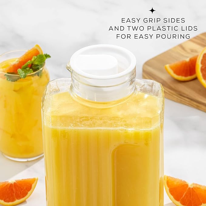 68oz Glass Pitcher with Lid (2 Lids), Rectangle Beverage Serveware and Storage Container for Cold Drinks and Liquids, Water Containers, 2 Quart Pitcher with Lid for Kool Aid and Lemonade
