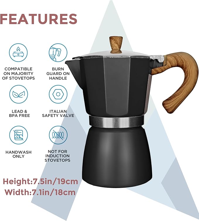 AGOGO Milano Moka pot, Stovetop Espresso maker, Greca Coffee Maker, Stovetop coffee maker and espresso maker percolator With Paper Filter 6 Cup Black