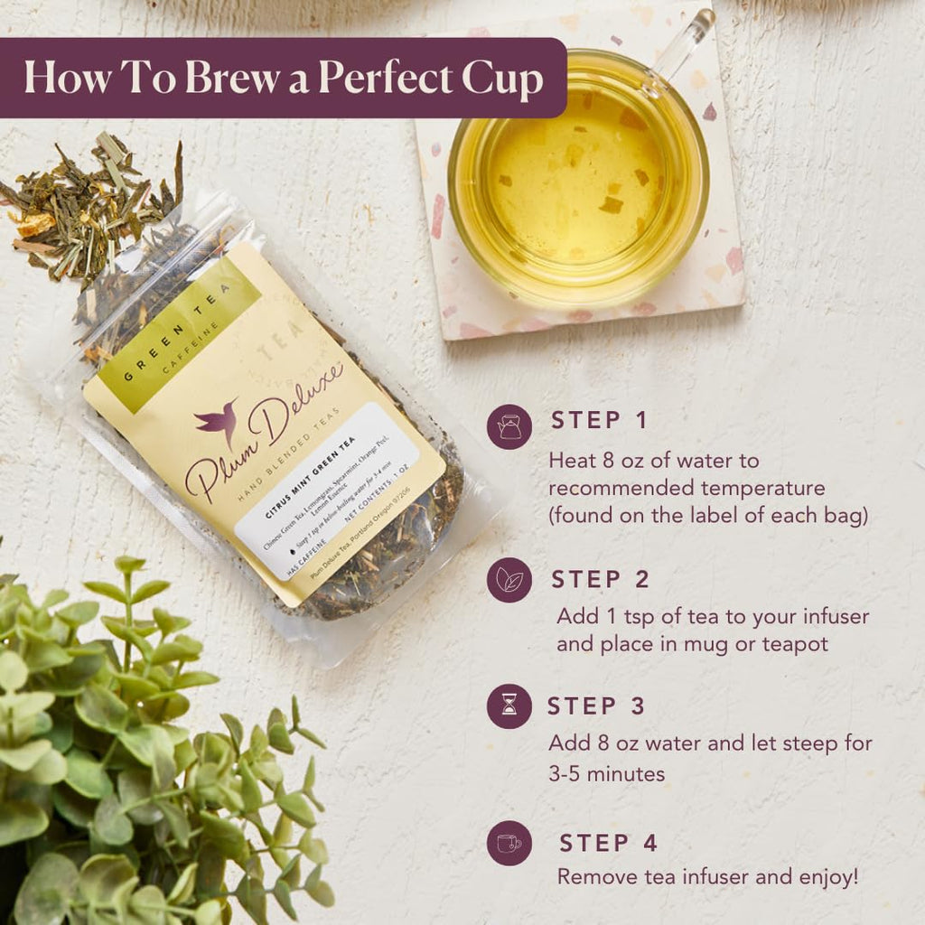 Loose Leaf Tea Sampler – 5 Caffeinated Blends Including Creme Brulee Earl Grey, Peach Oolong, Citrus Mint, Pecan and Floral Black – 75 to 100 Cups – Handcrafted in USA – Plum Deluxe