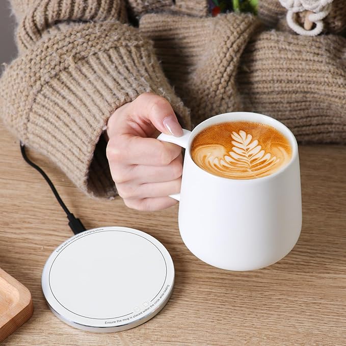 APEKX Self-Heating Ceramic Coffee Mug - Stable 130°F Temperature, 15W Wireless Phone Charging, 12.8 fl oz Capacity - USB-C Enabled. (White)