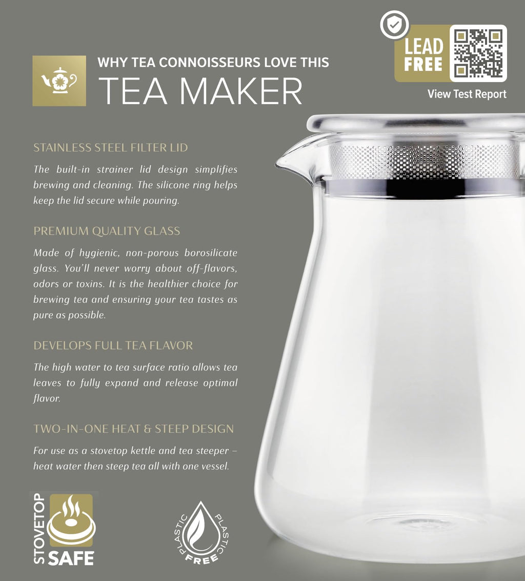 Teabloom One-Touch Tea Maker, 2-in-1 Teapot and Kettle with Stainless Steel Filter Lid for Loose Tea – Stain-Free Borosilicate Glass Teapot (40 Oz) – Tea Connoisseur's Choice