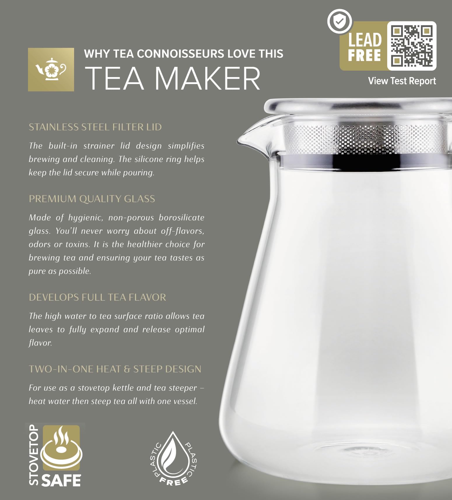Teabloom One-Touch Tea Maker, 2-in-1 Teapot and Kettle with Stainless Steel Filter Lid for Loose Tea – Stain-Free Borosilicate Glass Teapot (40 Oz) – Tea Connoisseur's Choice