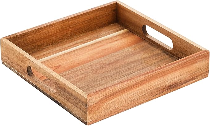 YOUEON Set of 2 Acacia Wood Serving Tray with Handles, 10x10x2 Inch Decorative Serving Trays for Food, Ottoman Tray, Square Coffee Table Trays for Dinner, Coffee, Wine, Appetizer