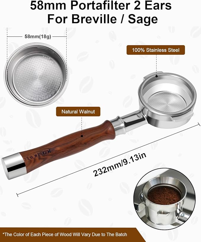 Bottomless Portafilter 58mm Fit Breville, 2 Ears Slim Naked Portafilter Fits Breville Espresso Machines BES900XL, BES920XL, BES980XL, BES990BSS with 18g Double Shot Filter Basket, Puck Screen-Rosewood