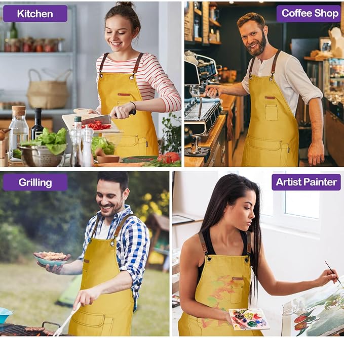 Chef Apron for Men Women with Gift Box Pack, Cross Back Apron with Pockets for Kitchen Cooking Baking Artist Painting, Cotton Canvas Work Aprons for Shop, Garden, Restaurant, Cafe (Yellow, M to XXL)
