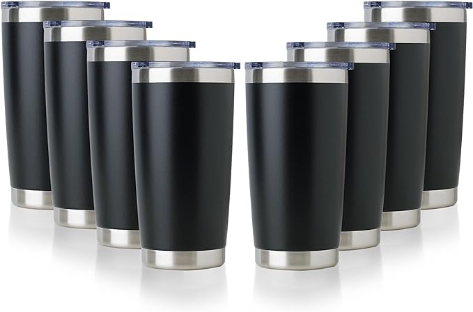 DOMICARE 20oz Stainless Steel Tumbler Bulk with Lid, Double Wall Vacuum Insulated Travel Mug, Powder Coated Coffee Cup, Powder Black, 8 Pack
