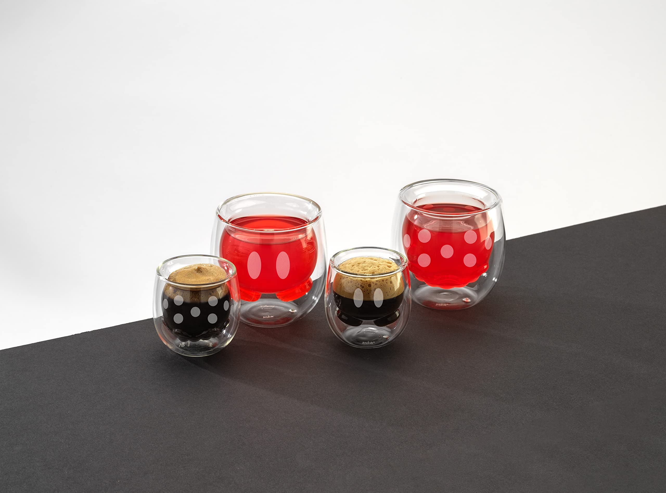 JoyJolt Mickey Pants and Minnie Skirt 3D 7.4oz Double Wall Glass Coffee Cups Set of 2, Disney Coffee Mug, Espresso and Tea Cups, Collection of Double Wall Glasses, Disney Gifts