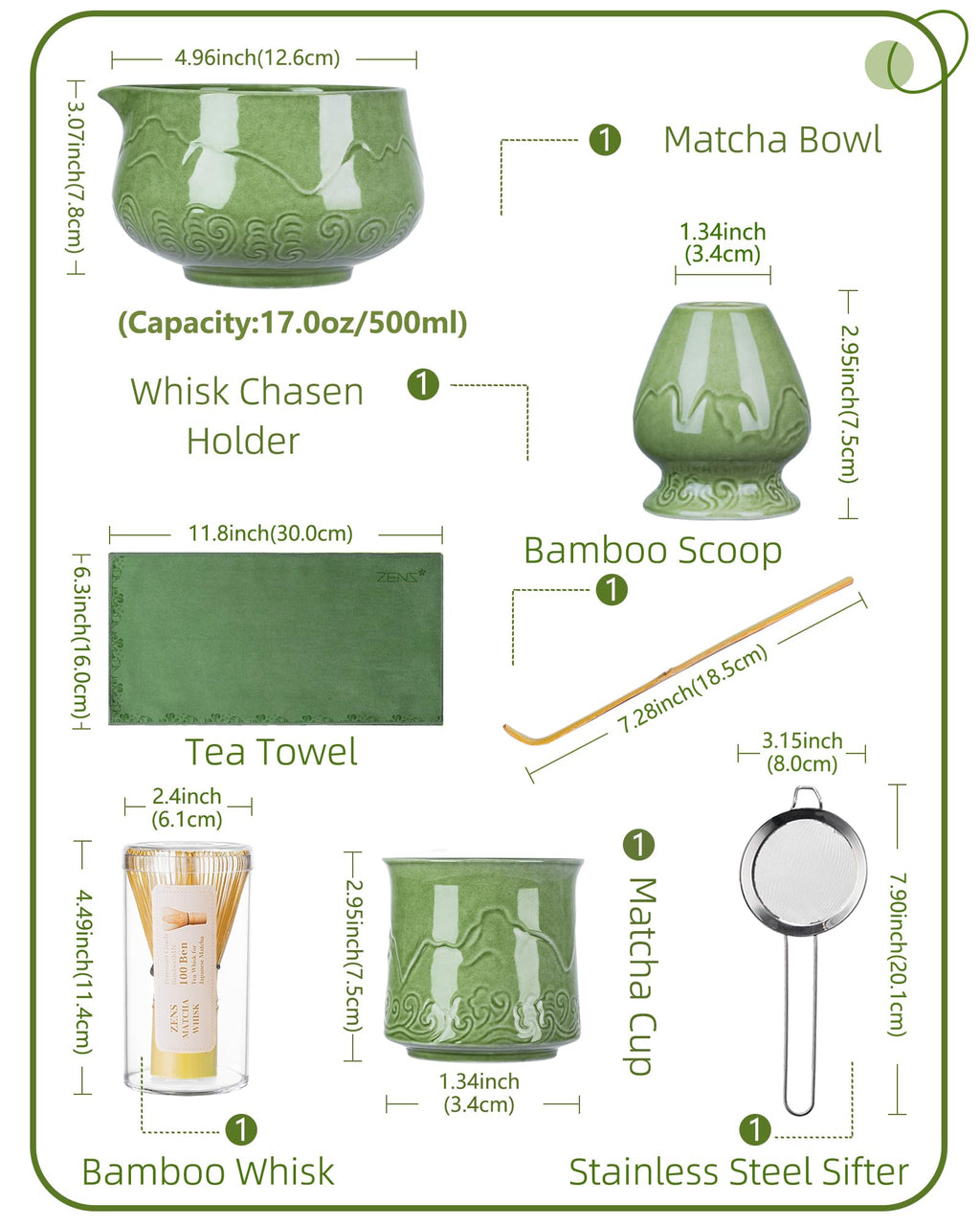 ZENS Premium Matcha Whisk Set with Blooming Cup, 7pcs Matcha Set, Green
