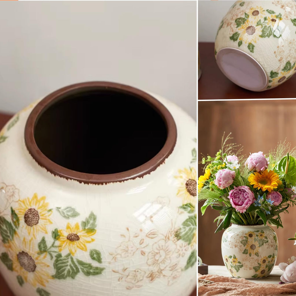 Levvohd Round Ceramic Vase, Sunflower Pattern, 6.3 Inch