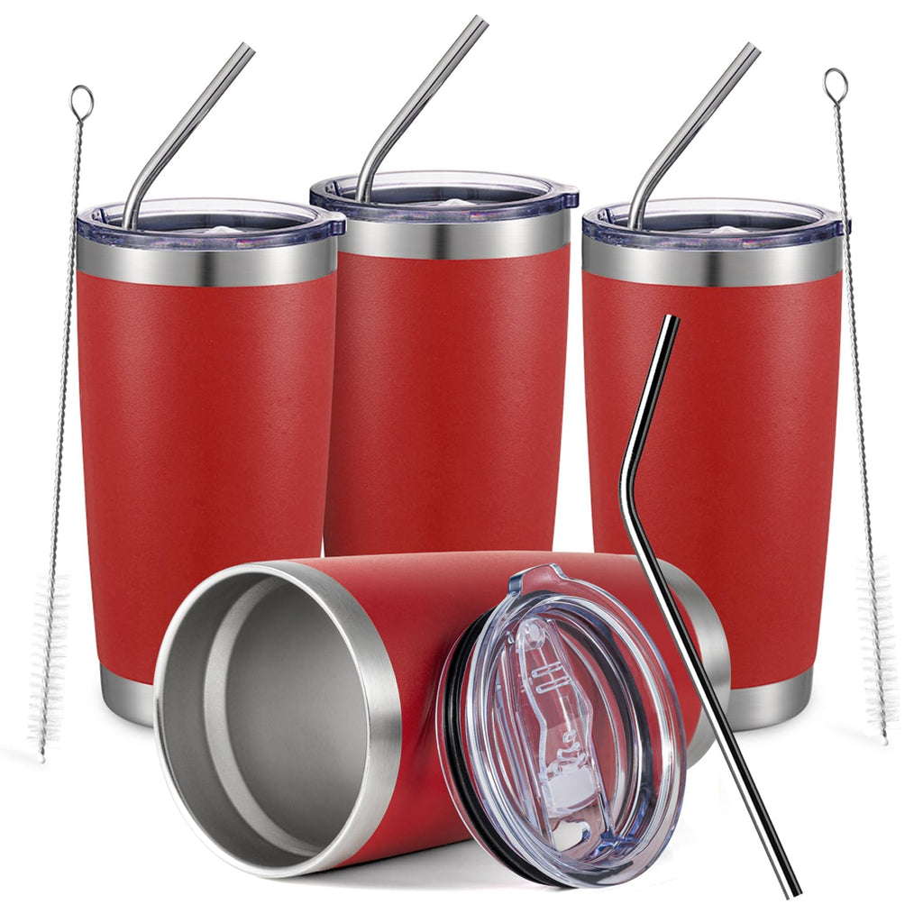 COMOOO 20oz Double Wall Vacuum Insulated Travel Mug, Stainless Steel Tumbler with Lid and Straw Durable Powder Coated Insulated Coffee Cup for Cold & Hot Drinks (Red, 4 PACK)