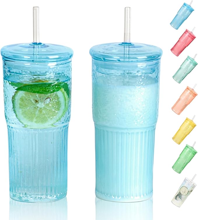 20 OZ Glass Cup with Lids and Glass Straws, High Borosilicate Iced Coffee Glass Tumblers with Lid and Straw for Drinks, 2pcs Reusable Wide Mouth Smoothie Cup(Blue)