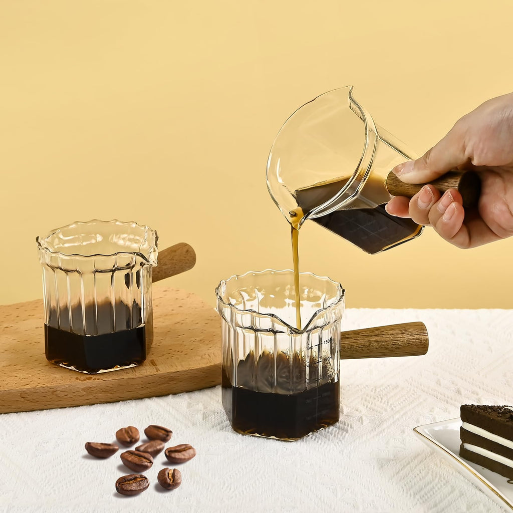 Denovin Glass Measuring Cup, 5oz Espresso Shot Glass with Wood Handle