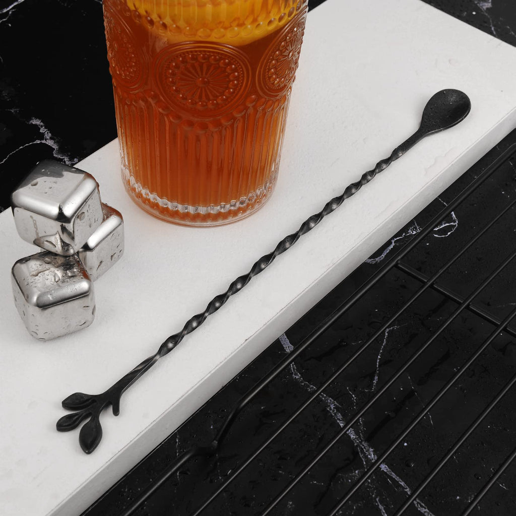 AnSaw Black 10-Inch Stainless Steel Cocktail Spoon with Leaf Handle