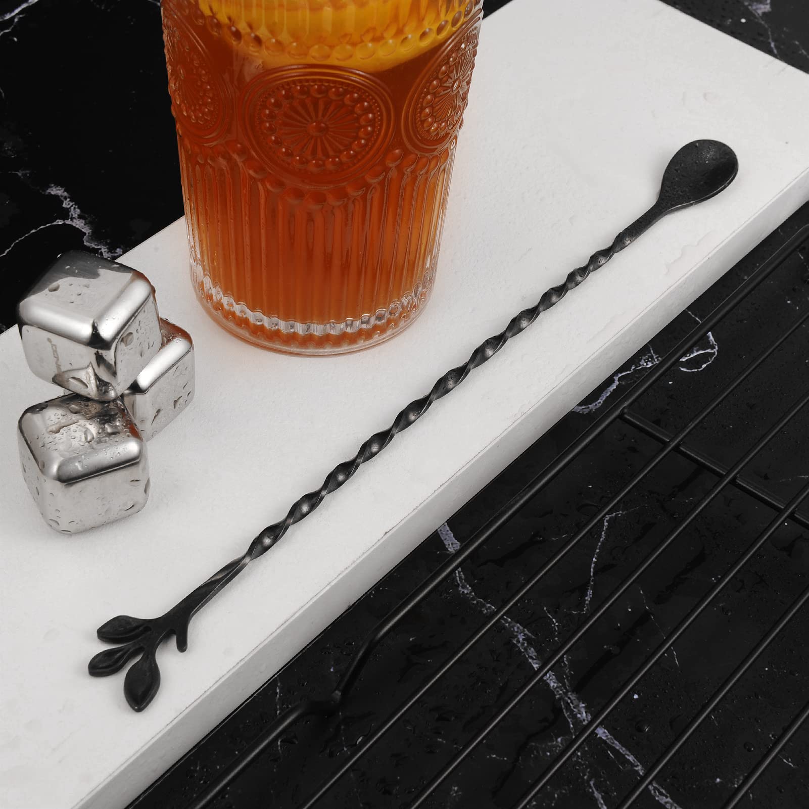 AnSaw Black 10-Inch Stainless Steel Cocktail Spoon with Leaf Handle