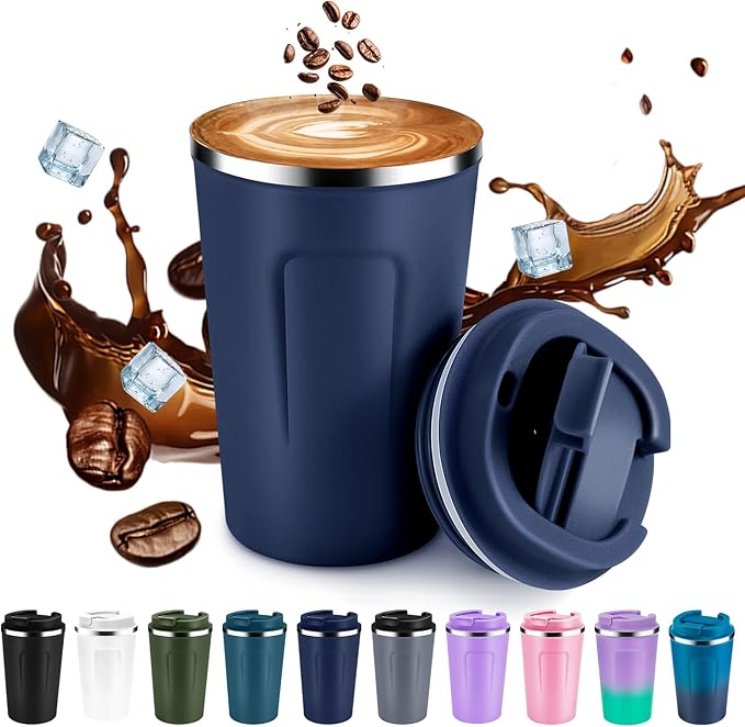 Volhoply 12 oz Double Wall Insulated Vacuum Travel Coffee Mug with Flip Lid,Reusable Stainless Steel Leak Proof Coffee Cup,Portable Iced Cafe Thermal Tumbler Suitable for Hot & Cold Drinks(Navy,1 Set)