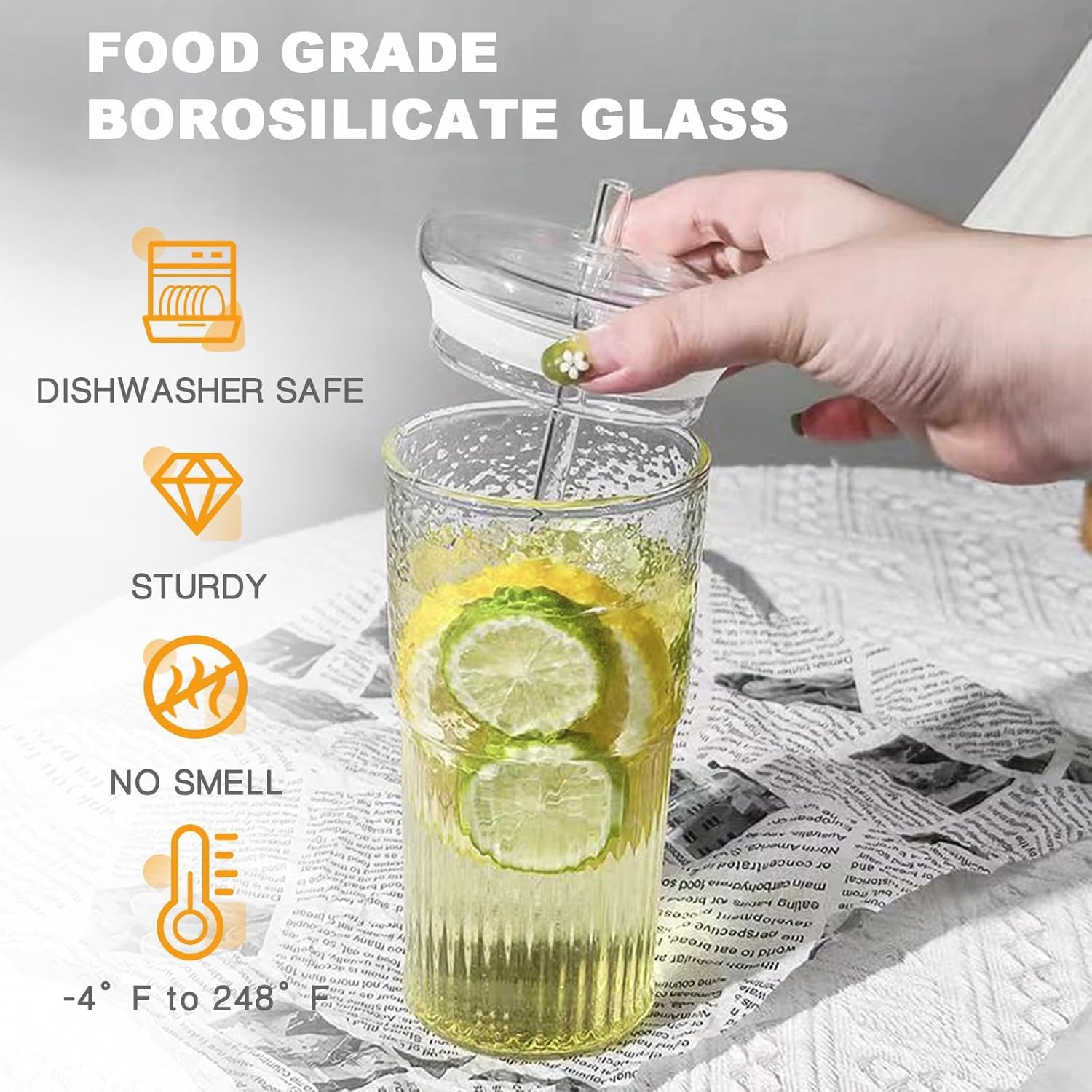 JunVpic Glass Tumbler with Straw and Lid, 20 OZ Clear Iced Coffee Glasses Cups for Ice Water, Juice, Tea, Milk, Smoothie and Cold or Hot Drinks, Set of 2