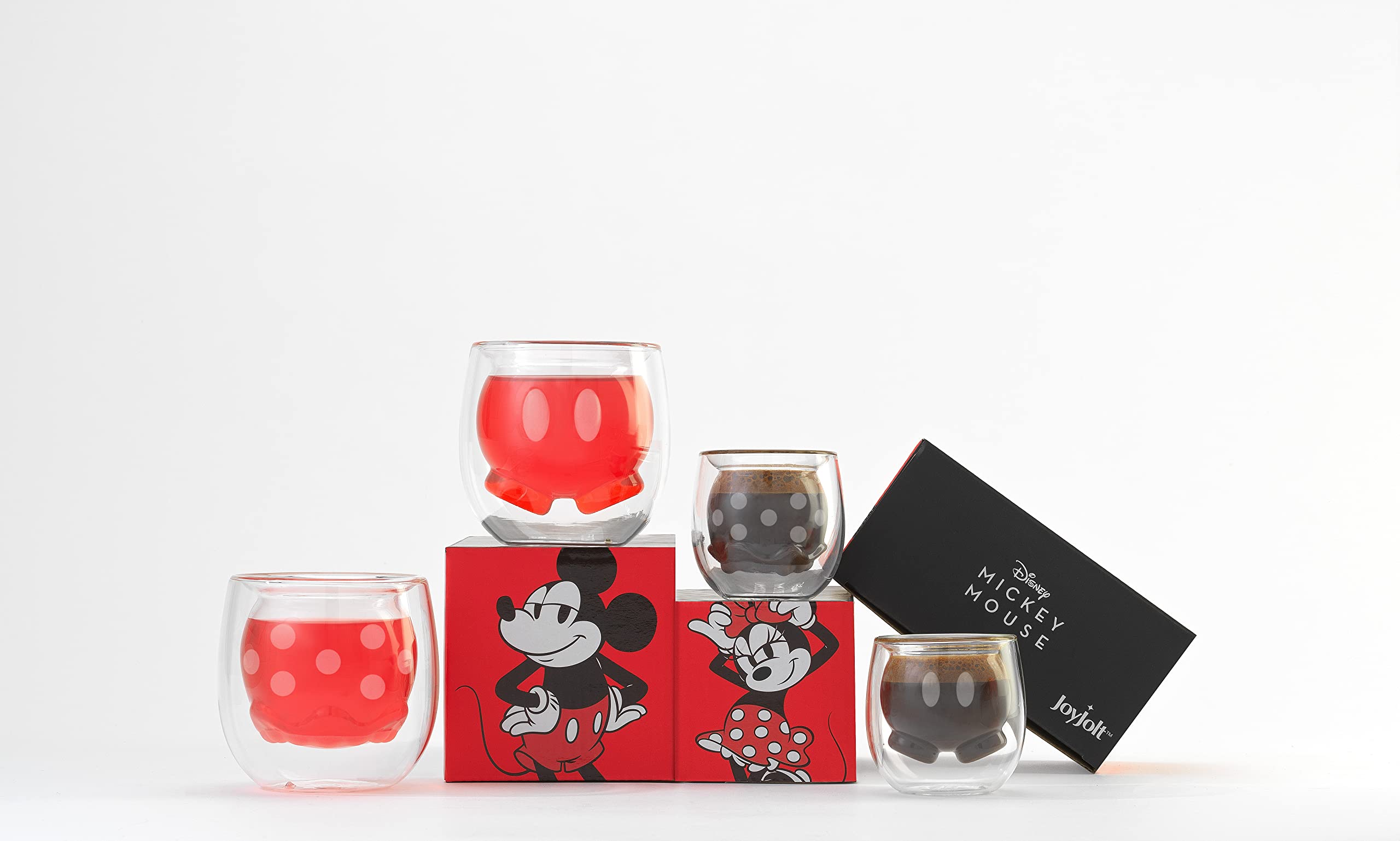 JoyJolt Mickey Pants and Minnie Skirt 3D 7.4oz Double Wall Glass Coffee Cups Set of 2, Disney Coffee Mug, Espresso and Tea Cups, Collection of Double Wall Glasses, Disney Gifts