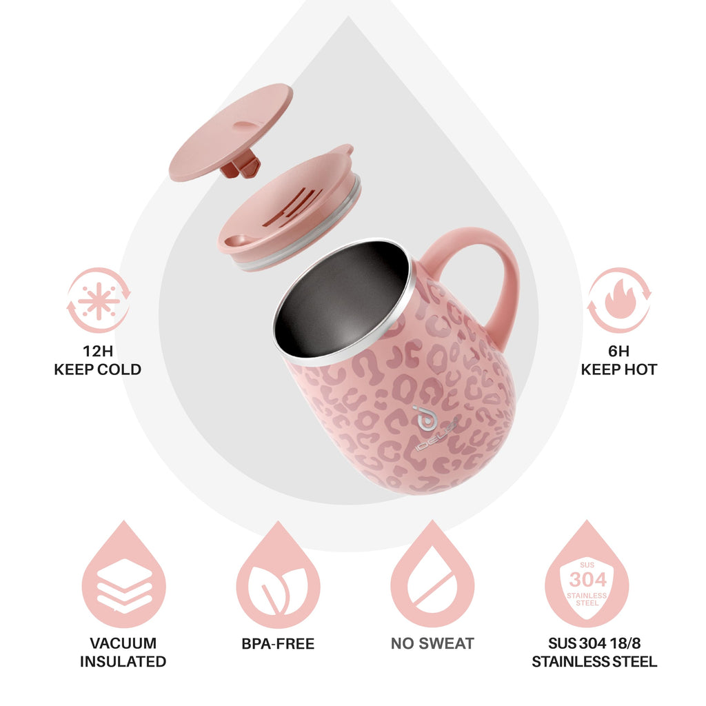 Ideus 16 oz (470 ml) Insulated Coffee Mug with Handle and Lid, Double Wall Stainless Steel Vacuum Thermal Coffee Mug, Travel Coffee Cup Thermal Cup for Home and Office, Leopard Pink